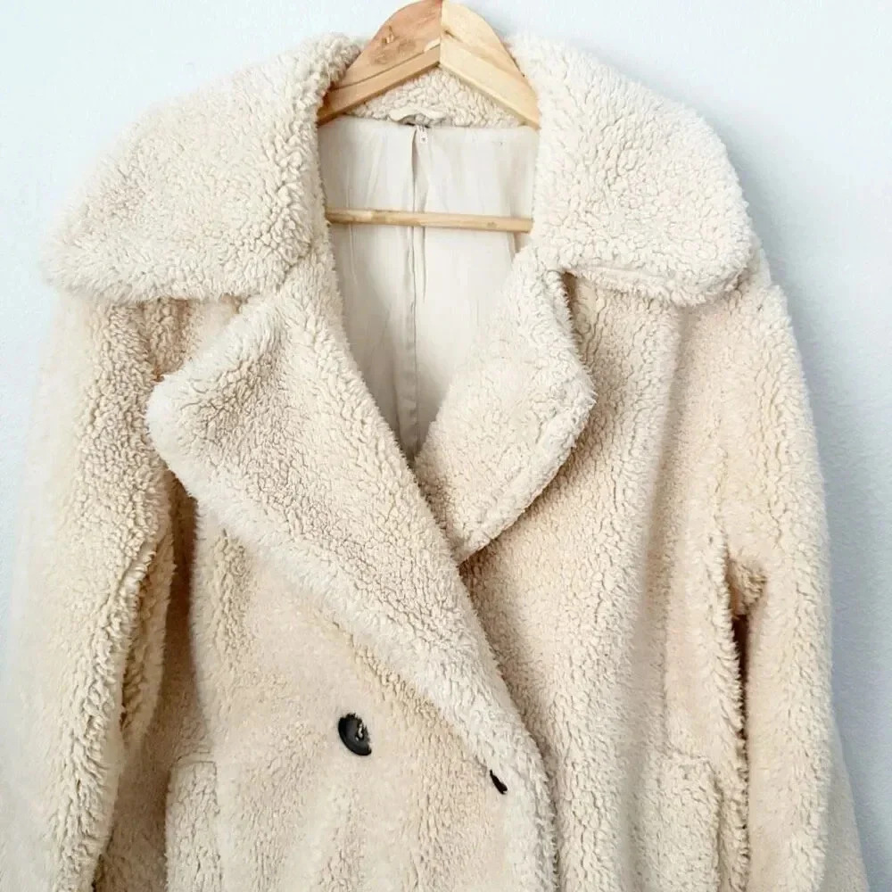 FREE PEOPLE | Teddy Double Breasted Pea Coat Sherpa  Ivory Oversized | Medium - Picture 5 of 10